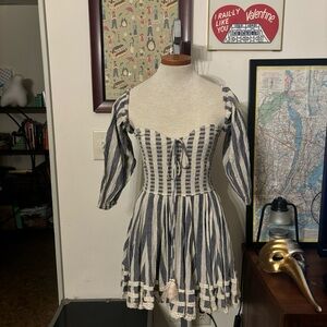 ROCOCO SAND: *NWD 100% COTTON Adjustable Puff Sleeve Stripe Dress SZ.S (BLUE)